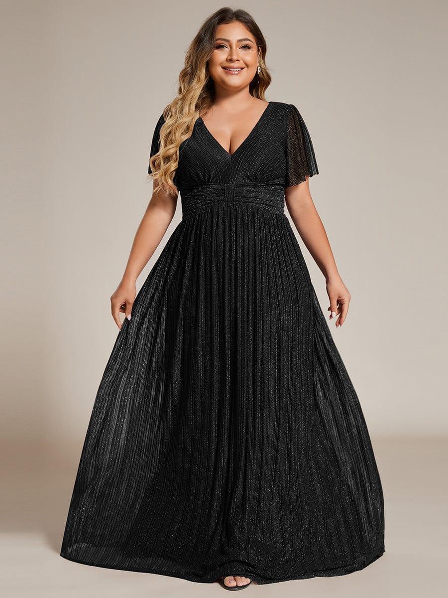 pretty DAPHNE|Plus Size V-Neck Glittery Short Sleeves Formal Evening Dress with Empire Waist
