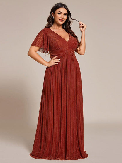 pretty DAPHNE|Plus Size V-Neck Glittery Short Sleeves Formal Evening Dress with Empire Waist