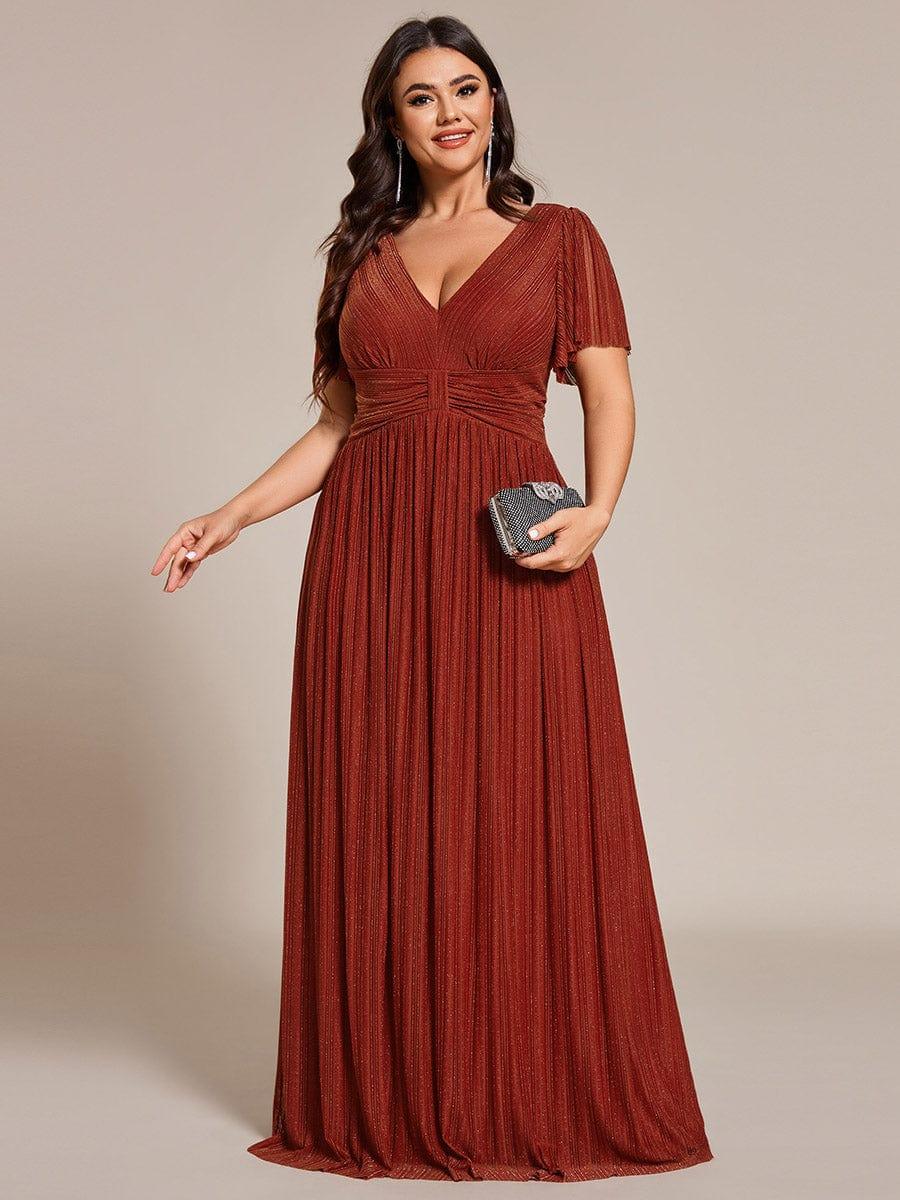 pretty DAPHNE|Plus Size V-Neck Glittery Short Sleeves Formal Evening Dress with Empire Waist