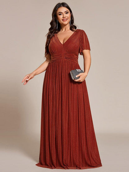 pretty DAPHNE|Plus Size V-Neck Glittery Short Sleeves Formal Evening Dress with Empire Waist