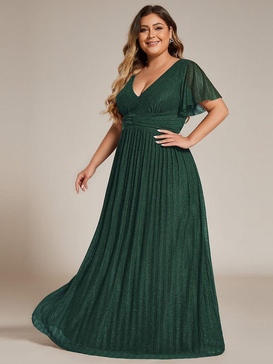 pretty DAPHNE|Plus Size V-Neck Glittery Short Sleeves Formal Evening Dress with Empire Waist