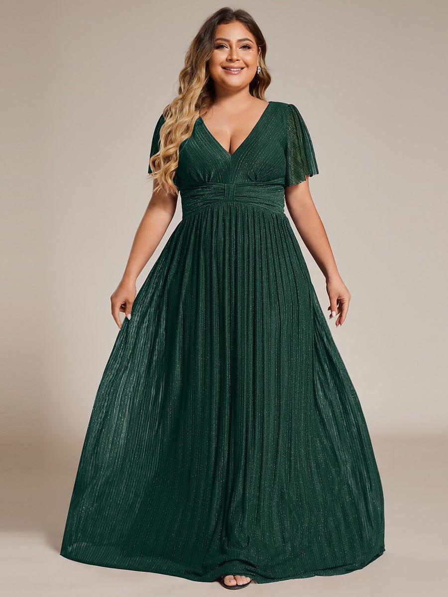 pretty DAPHNE|Plus Size V-Neck Glittery Short Sleeves Formal Evening Dress with Empire Waist