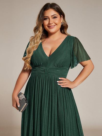 pretty DAPHNE|Plus Size V-Neck Glittery Short Sleeves Formal Evening Dress with Empire Waist