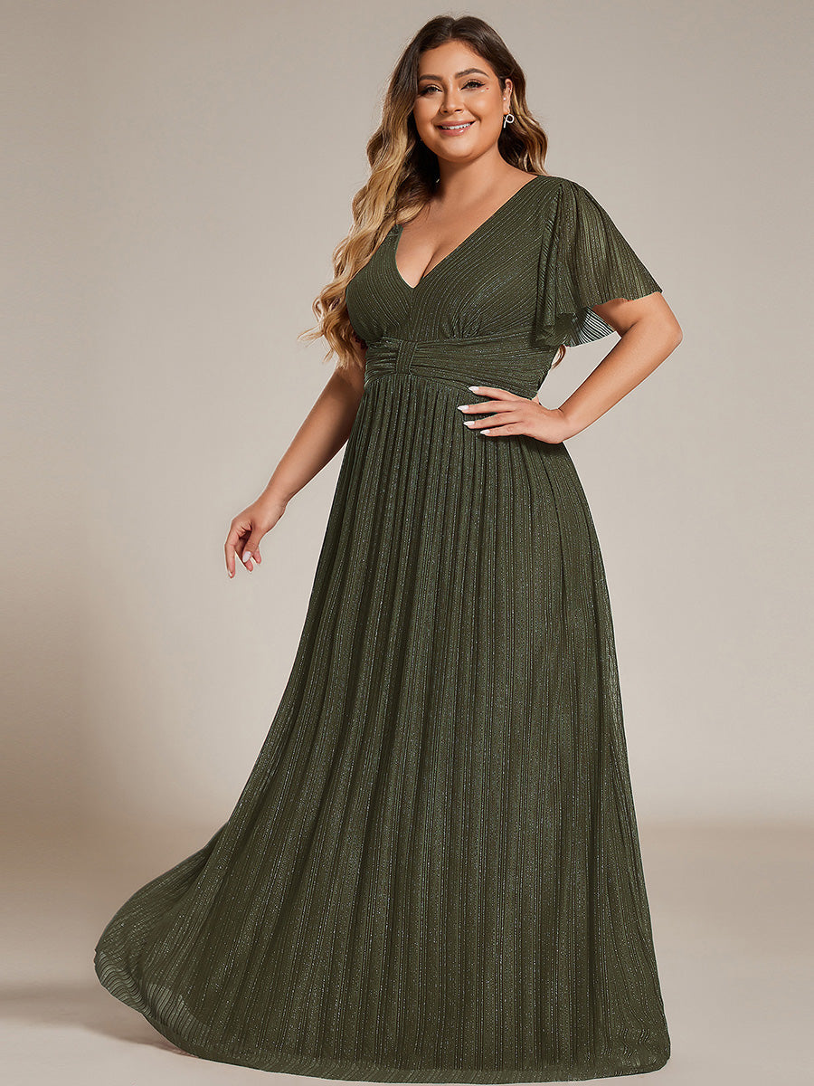 pretty DAPHNE|Plus Size V-Neck Glittery Short Sleeves Formal Evening Dress with Empire Waist
