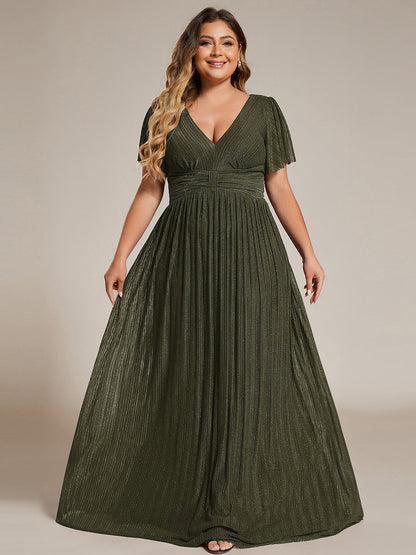 pretty DAPHNE|Plus Size V-Neck Glittery Short Sleeves Formal Evening Dress with Empire Waist