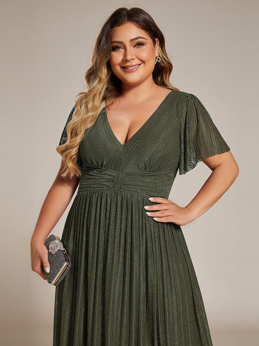 pretty DAPHNE|Plus Size V-Neck Glittery Short Sleeves Formal Evening Dress with Empire Waist