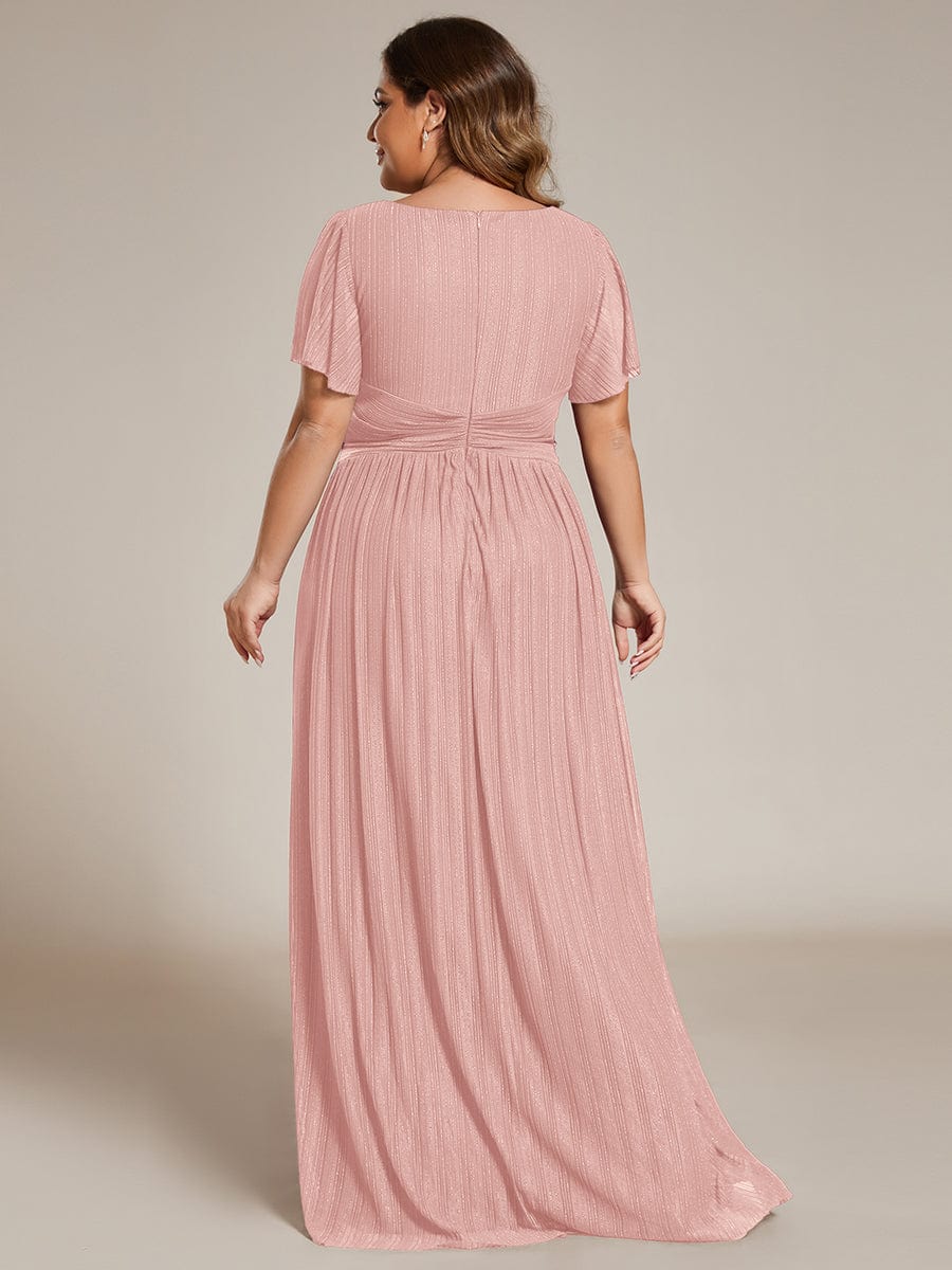 pretty DAPHNE|Plus Size V-Neck Glittery Short Sleeves Formal Evening Dress with Empire Waist