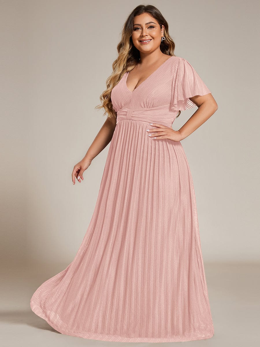 pretty DAPHNE|Plus Size V-Neck Glittery Short Sleeves Formal Evening Dress with Empire Waist