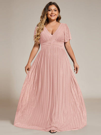 pretty DAPHNE|Plus Size V-Neck Glittery Short Sleeves Formal Evening Dress with Empire Waist