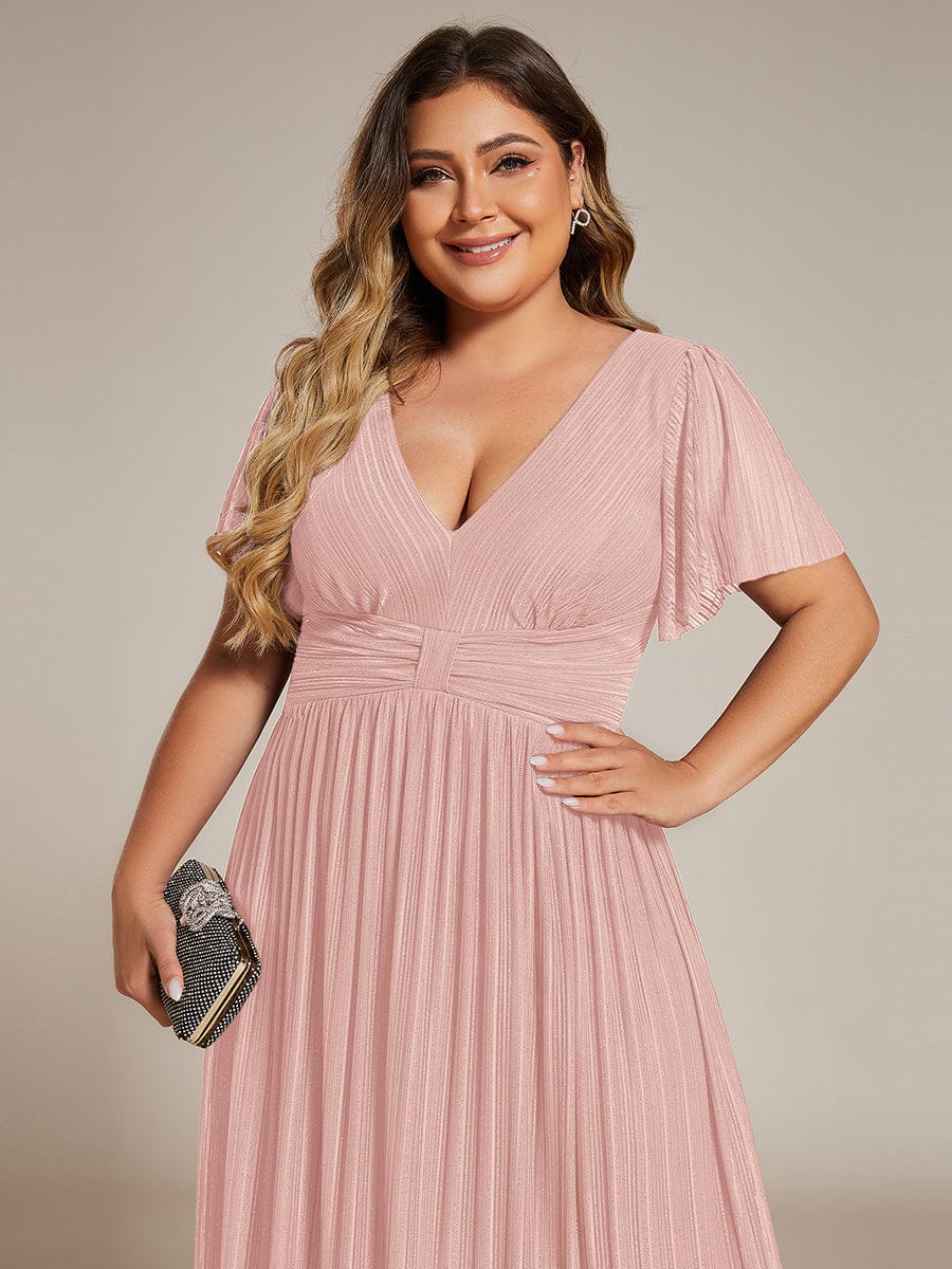 pretty DAPHNE|Plus Size V-Neck Glittery Short Sleeves Formal Evening Dress with Empire Waist