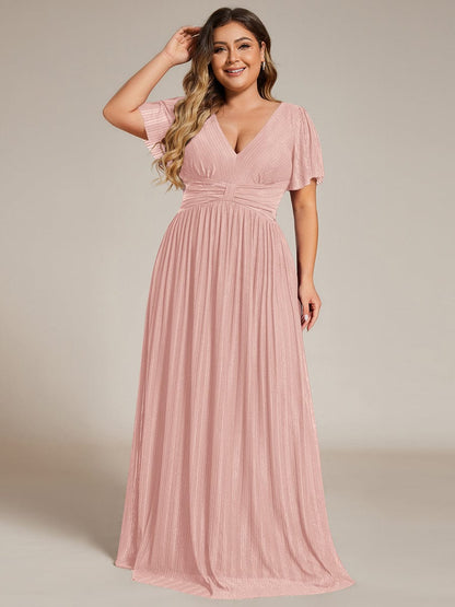 pretty DAPHNE|Plus Size V-Neck Glittery Short Sleeves Formal Evening Dress with Empire Waist