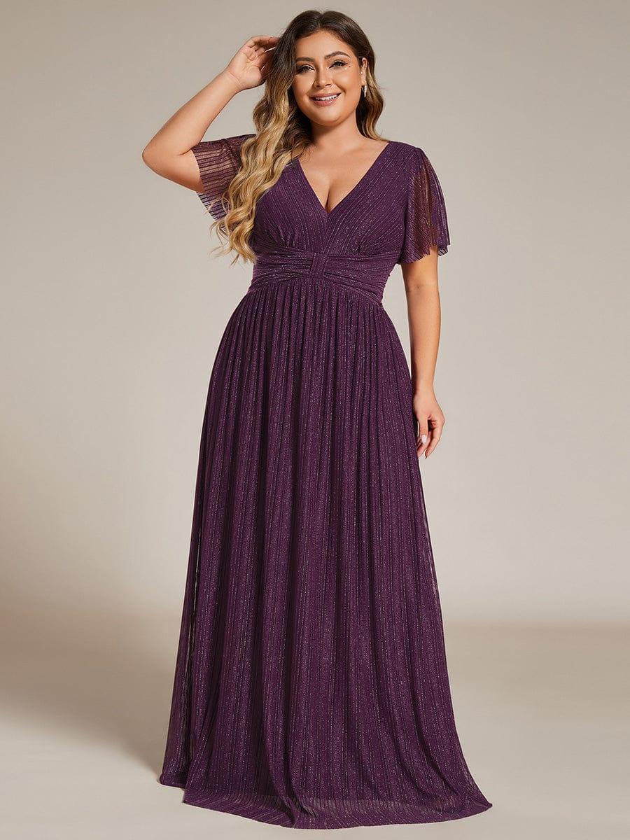 pretty DAPHNE|Plus Size V-Neck Glittery Short Sleeves Formal Evening Dress with Empire Waist