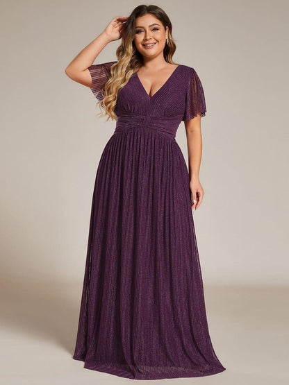 pretty DAPHNE|Plus Size V-Neck Glittery Short Sleeves Formal Evening Dress with Empire Waist