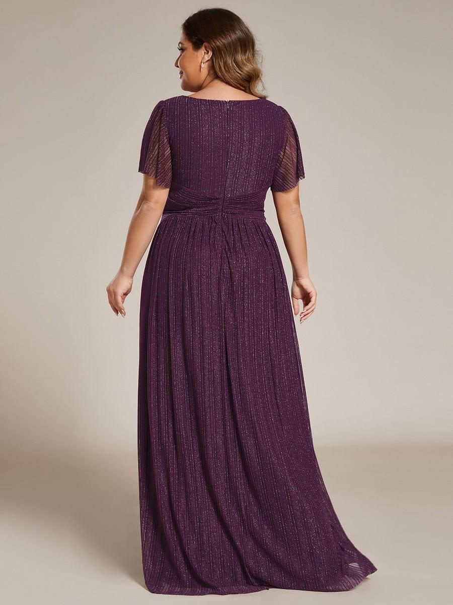 pretty DAPHNE|Plus Size V-Neck Glittery Short Sleeves Formal Evening Dress with Empire Waist