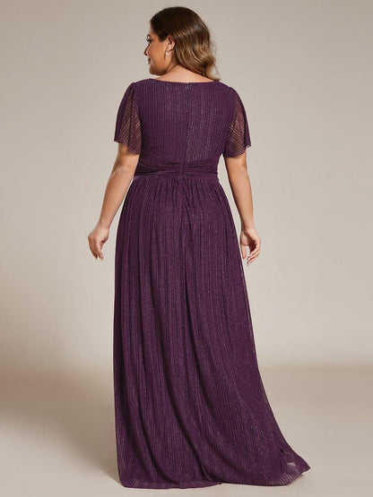 pretty DAPHNE|Plus Size V-Neck Glittery Short Sleeves Formal Evening Dress with Empire Waist