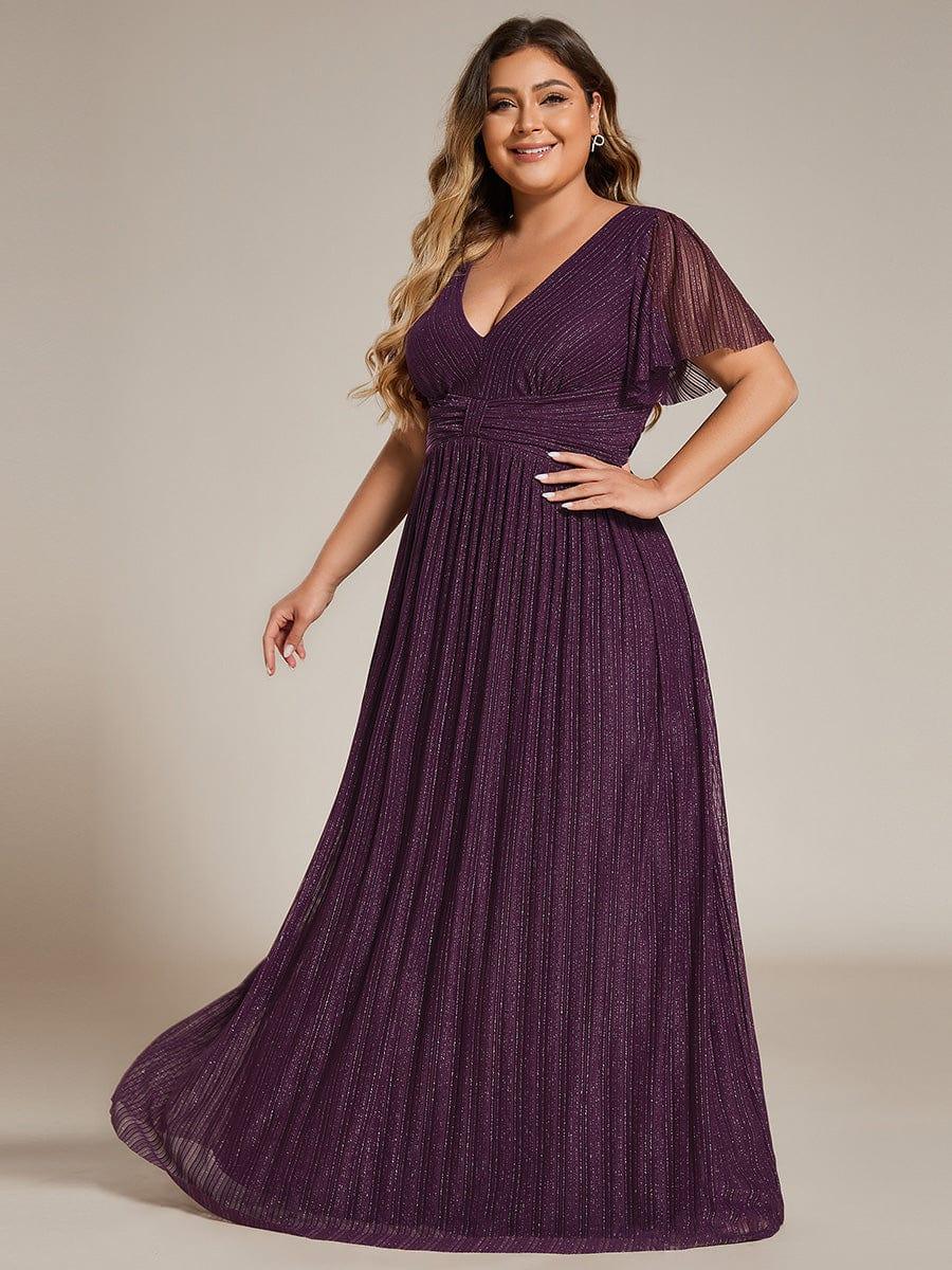 pretty DAPHNE|Plus Size V-Neck Glittery Short Sleeves Formal Evening Dress with Empire Waist