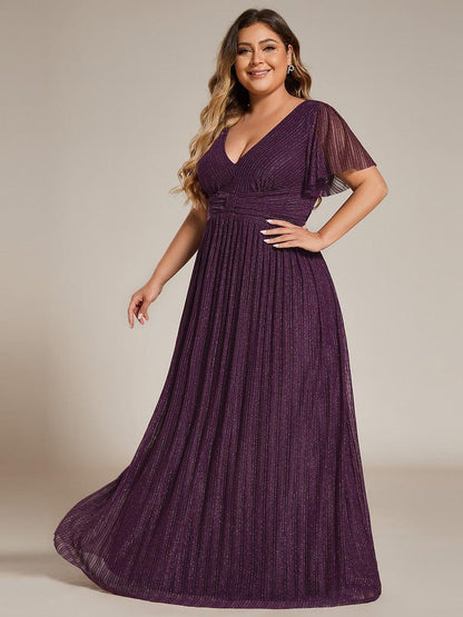 pretty DAPHNE|Plus Size V-Neck Glittery Short Sleeves Formal Evening Dress with Empire Waist