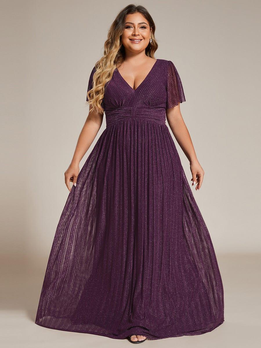 pretty DAPHNE|Plus Size V-Neck Glittery Short Sleeves Formal Evening Dress with Empire Waist