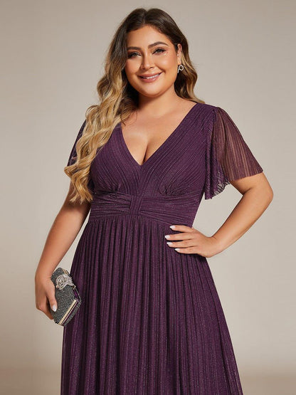 pretty DAPHNE|Plus Size V-Neck Glittery Short Sleeves Formal Evening Dress with Empire Waist