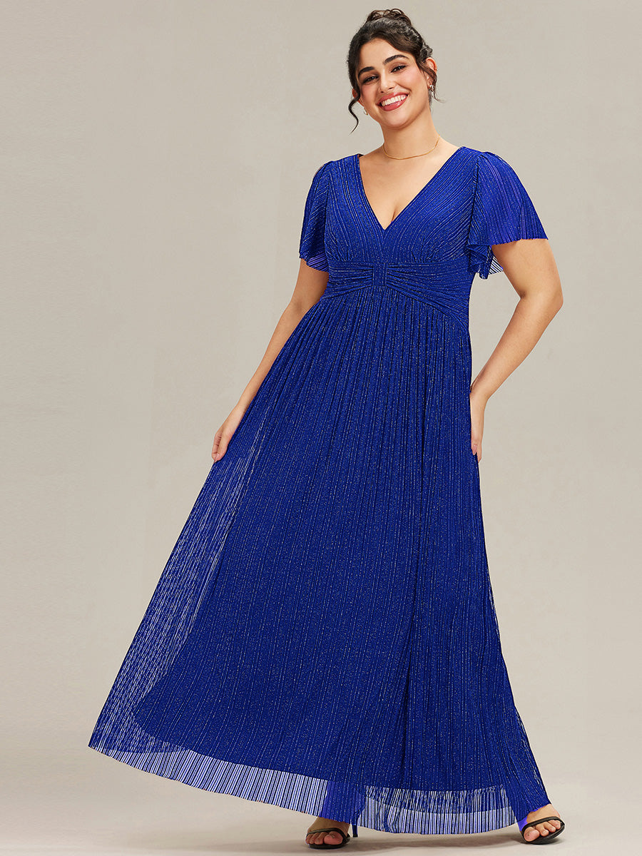 pretty DAPHNE|Plus Size V-Neck Glittery Short Sleeves Formal Evening Dress with Empire Waist