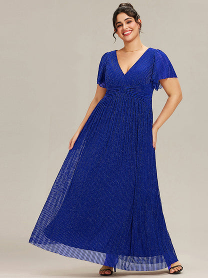 pretty DAPHNE|Plus Size V-Neck Glittery Short Sleeves Formal Evening Dress with Empire Waist