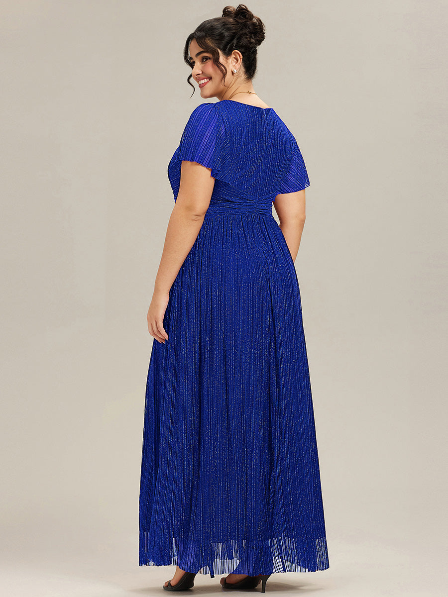 pretty DAPHNE|Plus Size V-Neck Glittery Short Sleeves Formal Evening Dress with Empire Waist