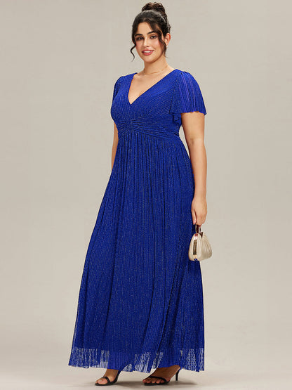 pretty DAPHNE|Plus Size V-Neck Glittery Short Sleeves Formal Evening Dress with Empire Waist