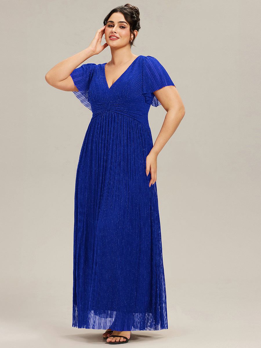 pretty DAPHNE|Plus Size V-Neck Glittery Short Sleeves Formal Evening Dress with Empire Waist