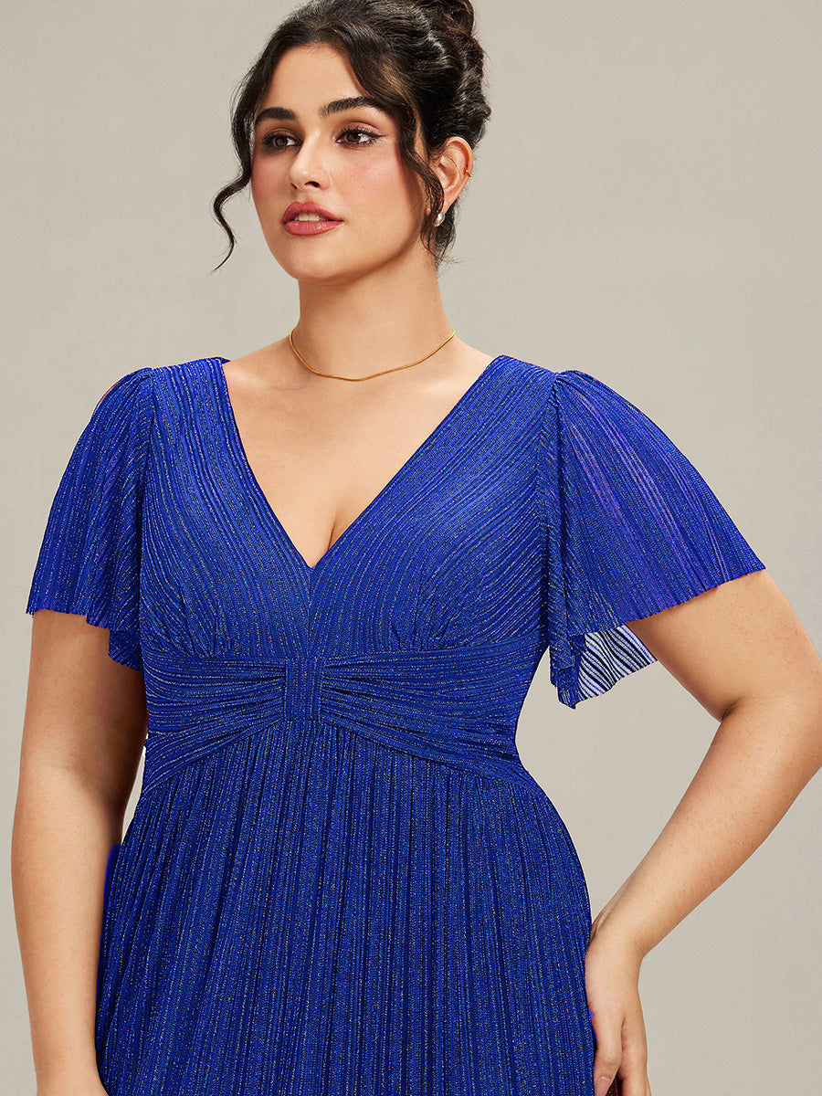 pretty DAPHNE|Plus Size V-Neck Glittery Short Sleeves Formal Evening Dress with Empire Waist