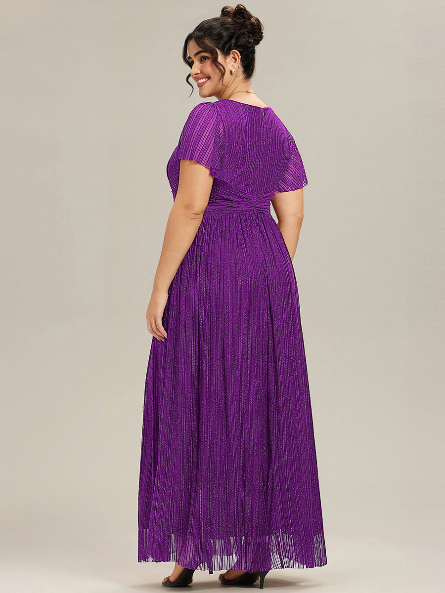 pretty DAPHNE|Plus Size V-Neck Glittery Short Sleeves Formal Evening Dress with Empire Waist