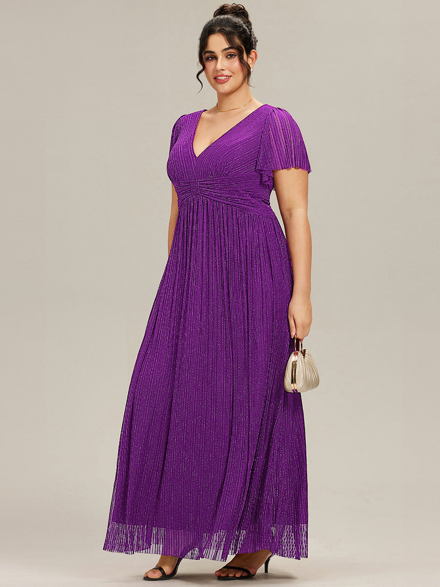 pretty DAPHNE|Plus Size V-Neck Glittery Short Sleeves Formal Evening Dress with Empire Waist