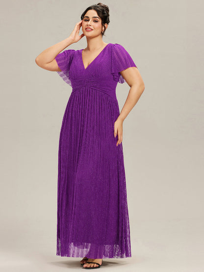 pretty DAPHNE|Plus Size V-Neck Glittery Short Sleeves Formal Evening Dress with Empire Waist