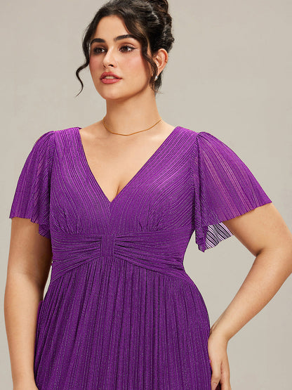 pretty DAPHNE|Plus Size V-Neck Glittery Short Sleeves Formal Evening Dress with Empire Waist