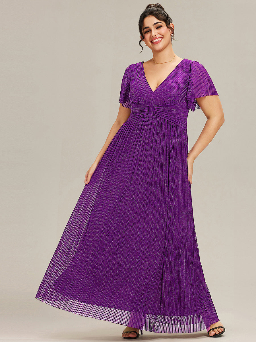 pretty DAPHNE|Plus Size V-Neck Glittery Short Sleeves Formal Evening Dress with Empire Waist