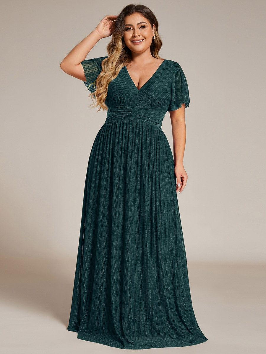 pretty DAPHNE|Plus Size V-Neck Glittery Short Sleeves Formal Evening Dress with Empire Waist