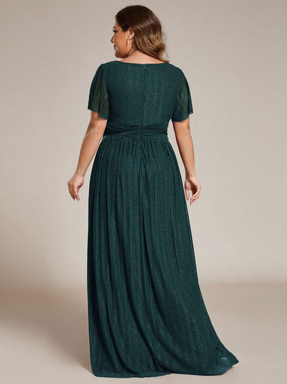 pretty DAPHNE|Plus Size V-Neck Glittery Short Sleeves Formal Evening Dress with Empire Waist