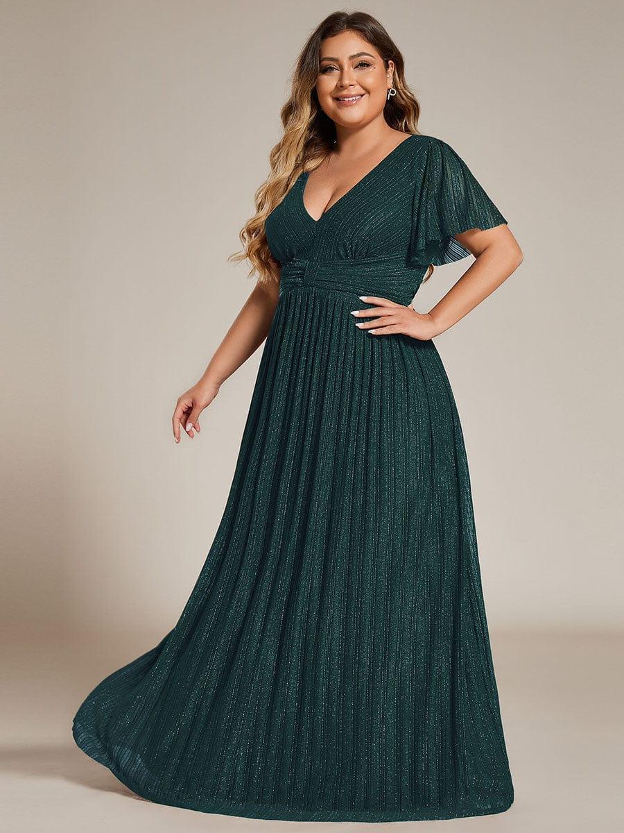 pretty DAPHNE|Plus Size V-Neck Glittery Short Sleeves Formal Evening Dress with Empire Waist