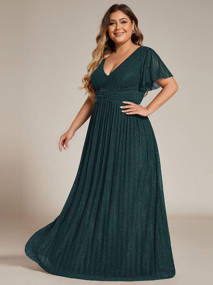 pretty DAPHNE|Plus Size V-Neck Glittery Short Sleeves Formal Evening Dress with Empire Waist