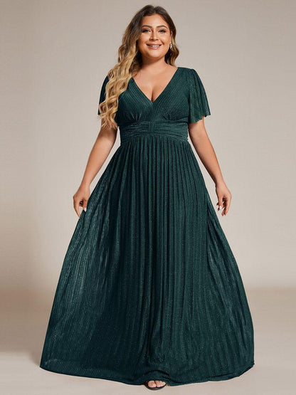 pretty DAPHNE|Plus Size V-Neck Glittery Short Sleeves Formal Evening Dress with Empire Waist