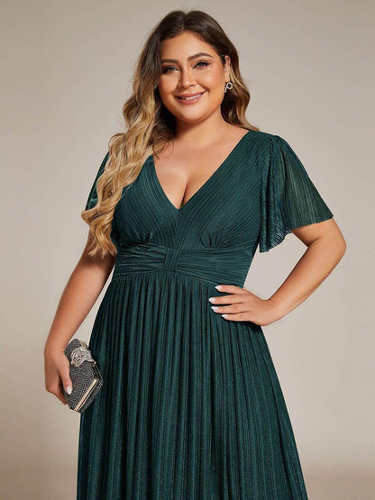pretty DAPHNE|Plus Size V-Neck Glittery Short Sleeves Formal Evening Dress with Empire Waist