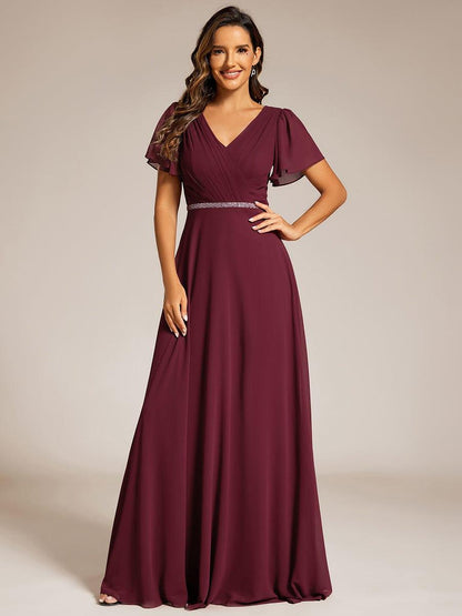 ever LAYLAH|Pleated A-Line Chiffon Formal Evening Dress with Short Sleeves and Sequin Waist