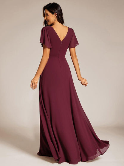 ever LAYLAH|Pleated A-Line Chiffon Formal Evening Dress with Short Sleeves and Sequin Waist