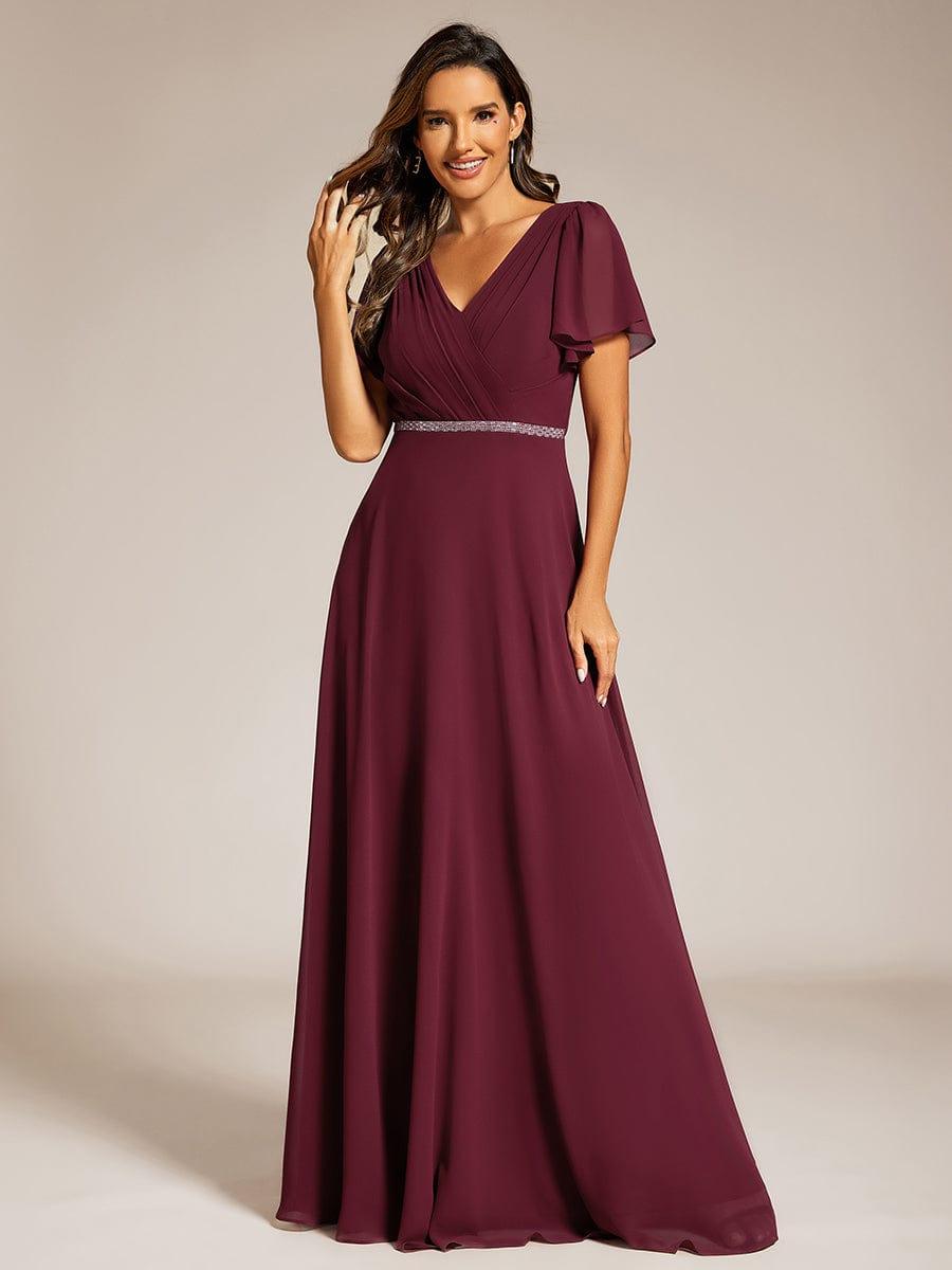 ever LAYLAH|Pleated A-Line Chiffon Formal Evening Dress with Short Sleeves and Sequin Waist