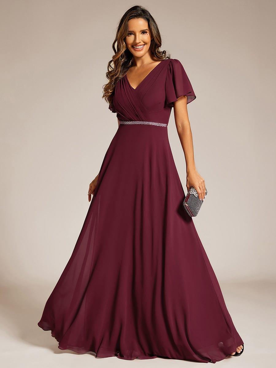 ever LAYLAH|Pleated A-Line Chiffon Formal Evening Dress with Short Sleeves and Sequin Waist