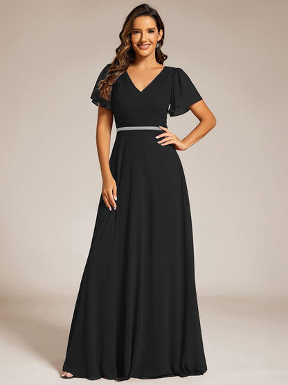 ever LAYLAH|Pleated A-Line Chiffon Formal Evening Dress with Short Sleeves and Sequin Waist
