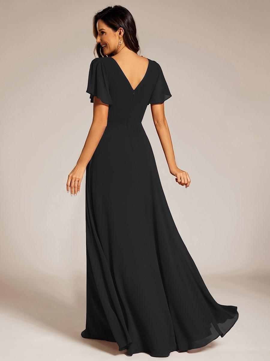 ever LAYLAH|Pleated A-Line Chiffon Formal Evening Dress with Short Sleeves and Sequin Waist