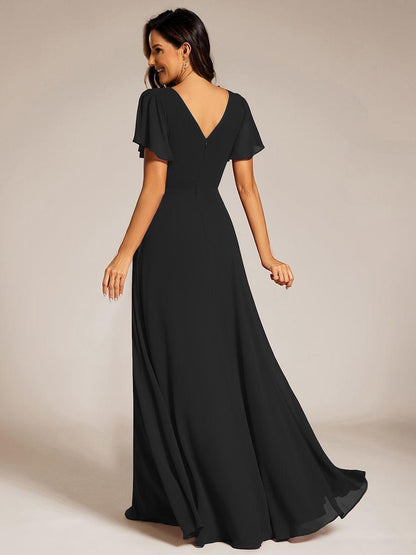 ever LAYLAH|Pleated A-Line Chiffon Formal Evening Dress with Short Sleeves and Sequin Waist