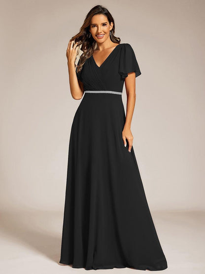 ever LAYLAH|Pleated A-Line Chiffon Formal Evening Dress with Short Sleeves and Sequin Waist