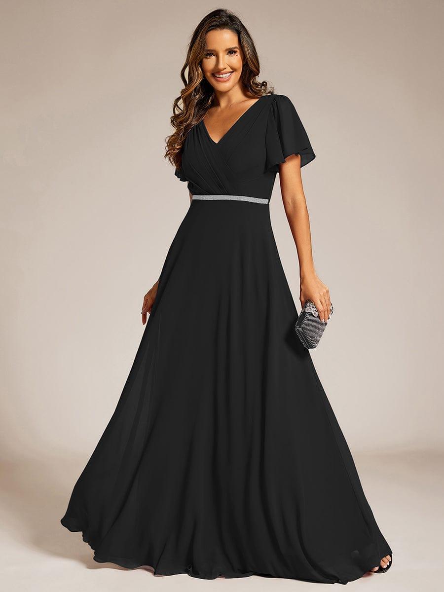 ever LAYLAH|Pleated A-Line Chiffon Formal Evening Dress with Short Sleeves and Sequin Waist