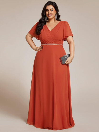 ever LAYLAH|Pleated A-Line Chiffon Formal Evening Dress with Short Sleeves and Sequin Waist